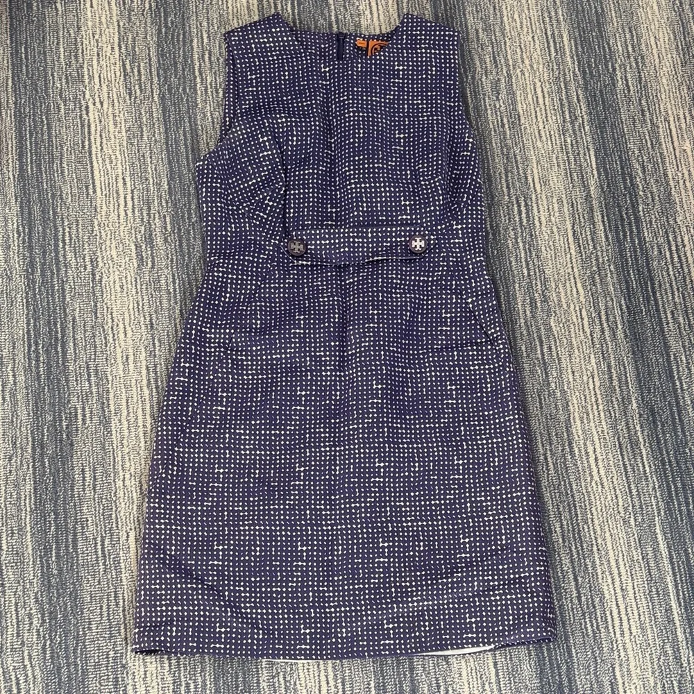 Tory Burch Navy and White Textured Sleeveless Midi Dress